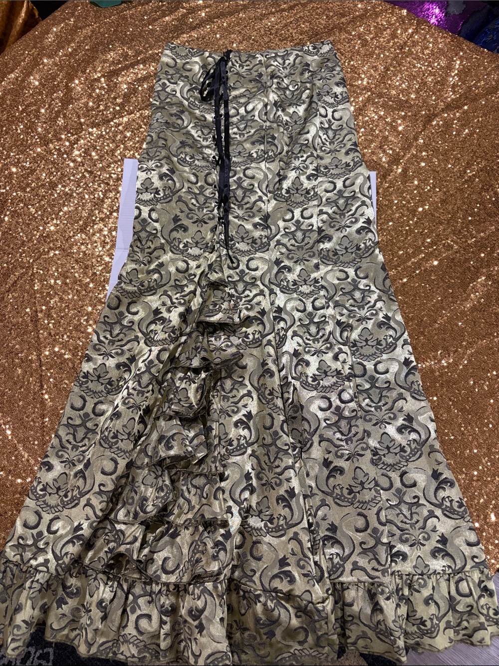 Green and Black Brocade Maxi Skirt with Ruffle Detail